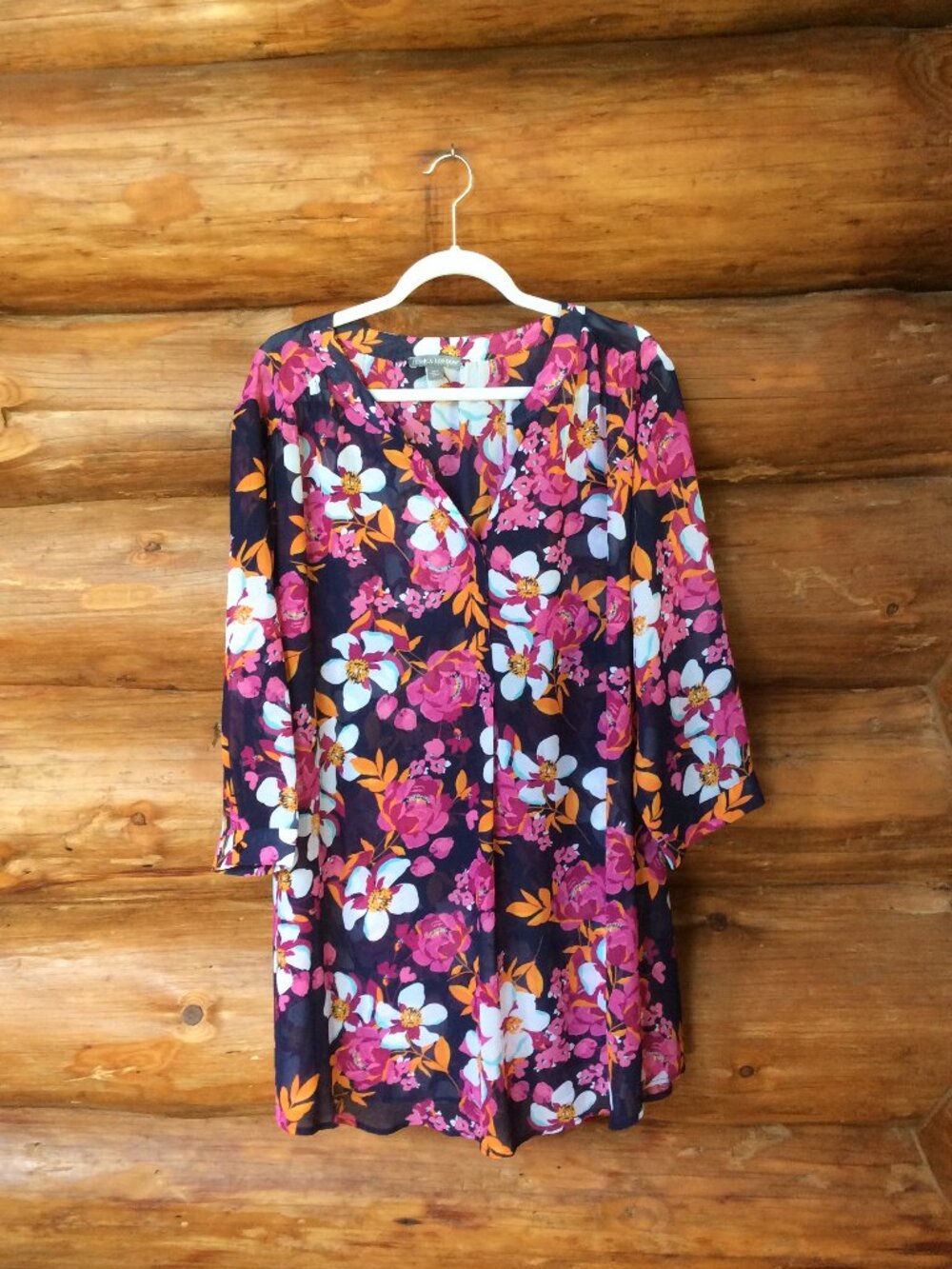 Jessica London Floral Print Flowy Sheer 3/4 Sleeve Boho Tunic Top Size 28W